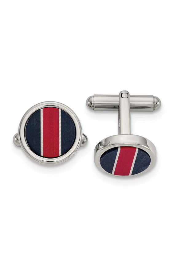 Stainless Steel Polished Black Carbon and Red White Fiber Glass Inlay Cuff Links