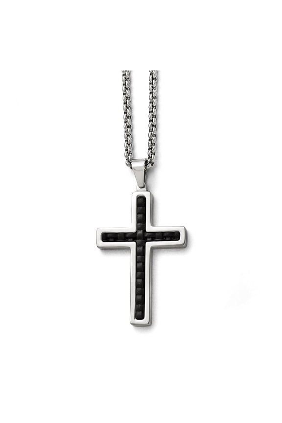 Chisel Stainless Steel Polished Black Genuine Leather Inlay Cross Necklace