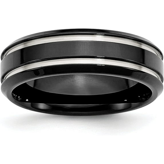 Chisel Stainless Steel Polished Black IP-plated 7.2mm Grooved Band - Ring Size 12.5