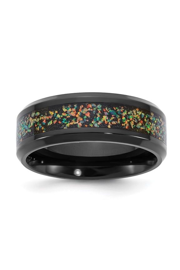 Stainless Steel Polished Black IP-plated Multi-color Opal Inlay 8mm Band