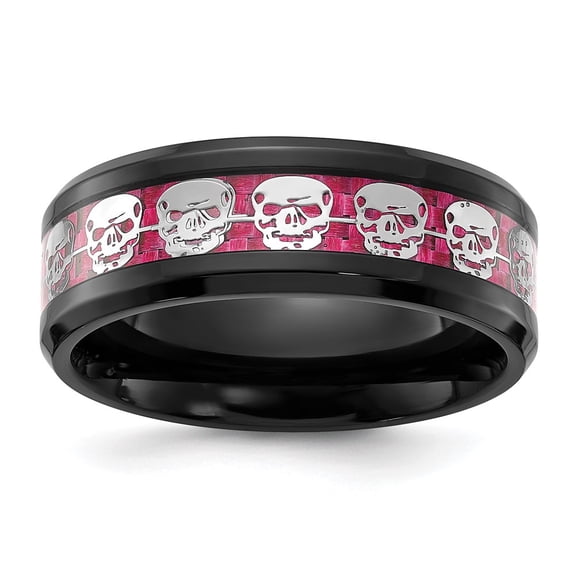 Chisel Stainless Steel Polished Black IP-plated Skulls with Pink Carbon Fiber Inlay 8mm Band