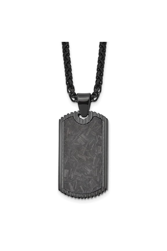 Stainless Steel Polished Black IP-plated with Black Carbon Fiber Inlay Dog Tag on a 24 inch Wheat Chain Necklace