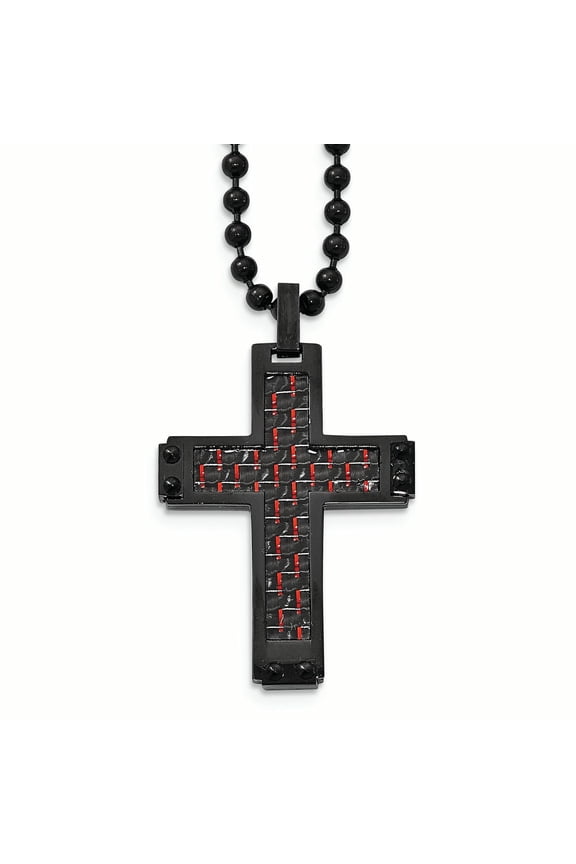 Chisel Stainless Steel Polished Black Ip Black/red Carbon Fiber Cross Necklace