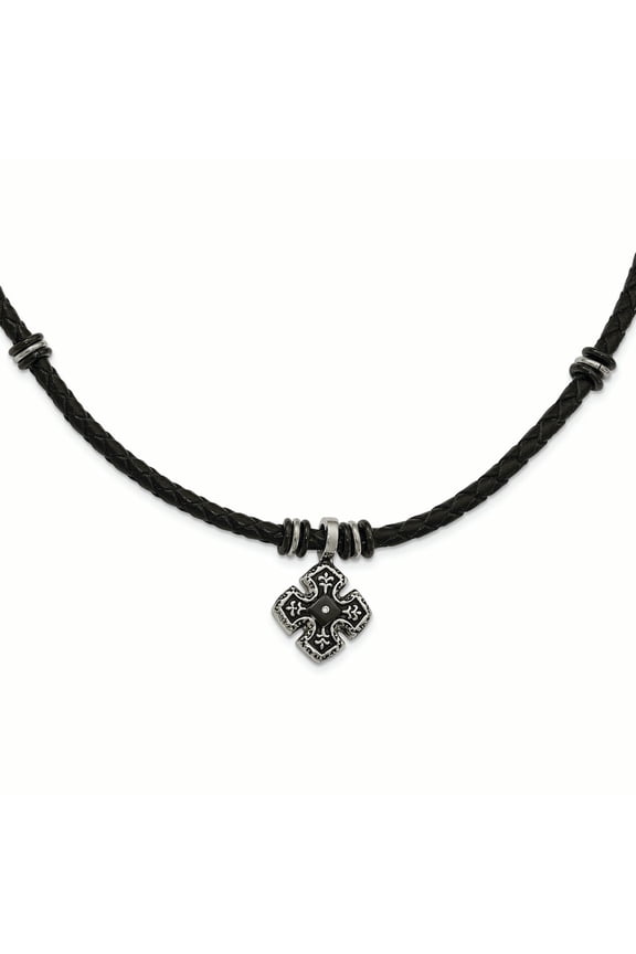 Chisel Stainless Steel Polished Black Ip Braided Blk Leather CZ Necklace