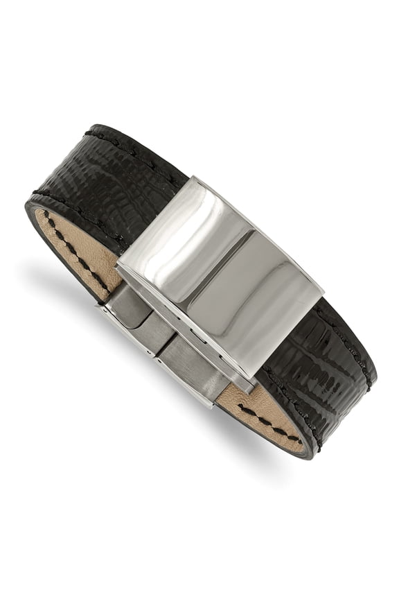 Stainless Steel Polished Black Leather 8.5 Inch ID Bracelet