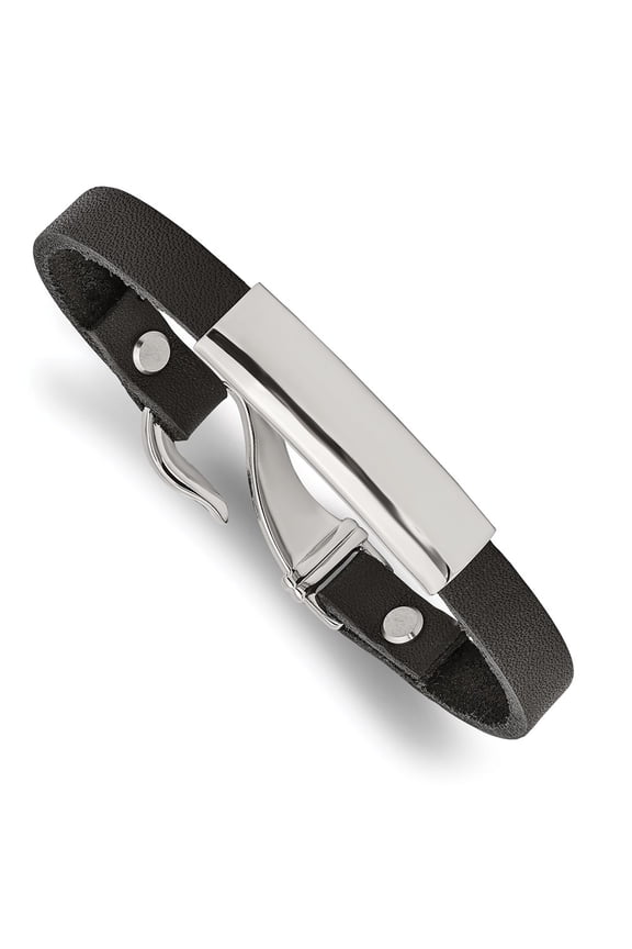 Chisel Stainless Steel Polished Black Leather 8.5 inch ID Bracelet