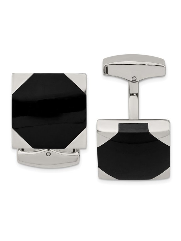 Stainless Steel Polished Black Rubber Square Cuff Links Men