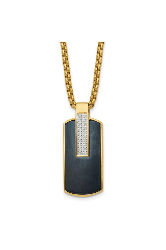 Stainless Steel Polished Black and Yellow IP-plated with CZ Dog Tag on a 24 inch Box Chain Necklace
