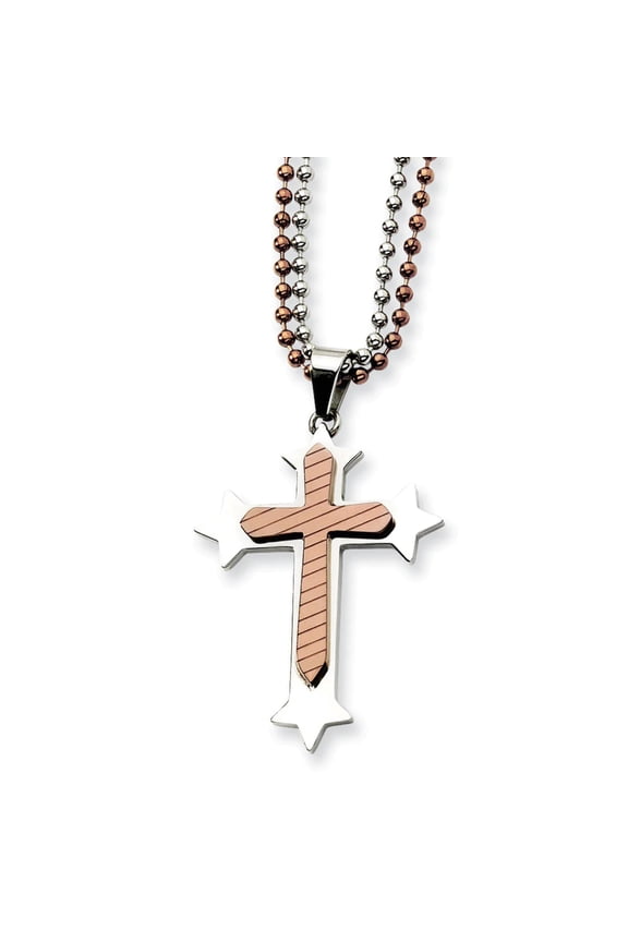 Chisel  Stainless Steel Polished Brown IP-plated Cross Pendant on 24 inch Double Ball Chain Necklace