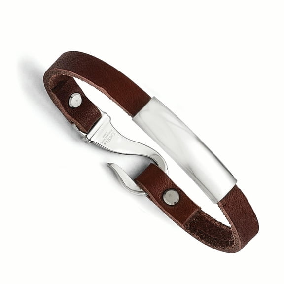 Chisel Stainless Steel Polished Brown Leather 8.5 inch ID Bracelet
