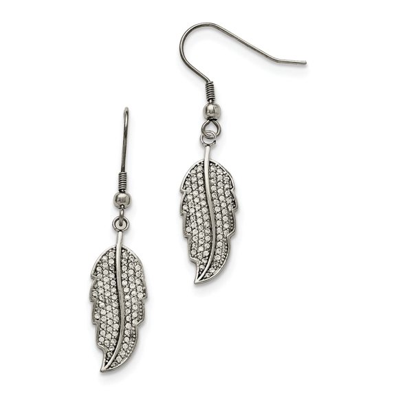 Chisel Stainless Steel Polished CZ Leaf Shepherd Hook Dangle Earrings