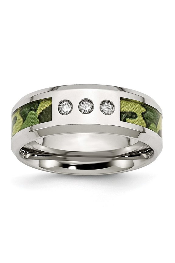 Chisel Stainless Steel Polished Camouflage 1/10 Carat Diamond 8mm Band