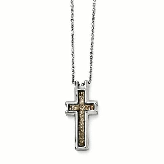 Chisel Stainless Steel Polished Cream/Brown Enameled Inlay Cross Necklace