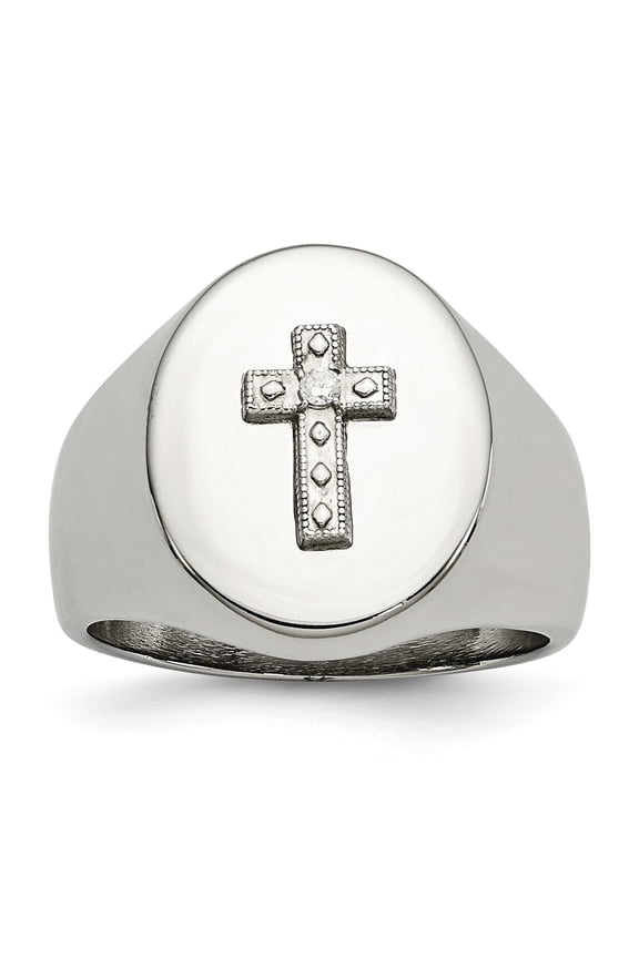 Stainless Steel Polished Cross Cubic Zirconia Signet Ring 9