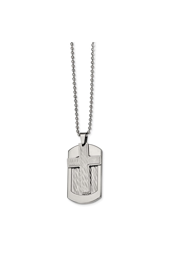 Stainless Steel Polished and Textured 2 Piece Cross Dog Tag on a 24 inch Ball Chain Necklace