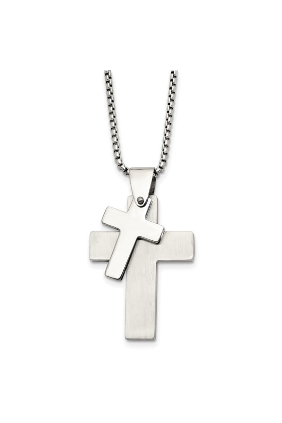 Stainless Steel Brushed and Polished Double Cross Pendant on a 24 inch Box Chain Necklace