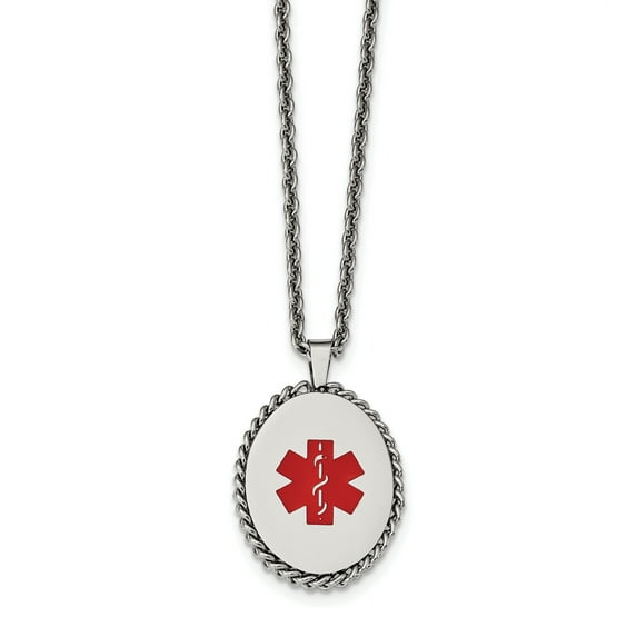 Chisel Stainless Steel Polished with Red Enamel Oval Medical ID Pendant on a 20 inch Cable Chain Necklace