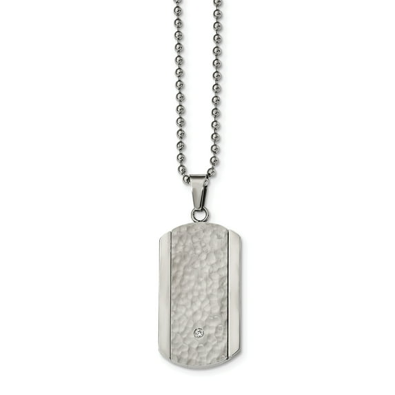 Chisel Stainless Steel Polished and Hammered with CZ Dog Tag on a 22 inch Ball Chain Necklace