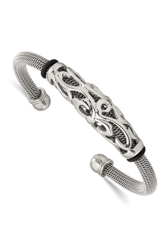 Stainless Steel Polished Mesh w/Black Rubber Bangle