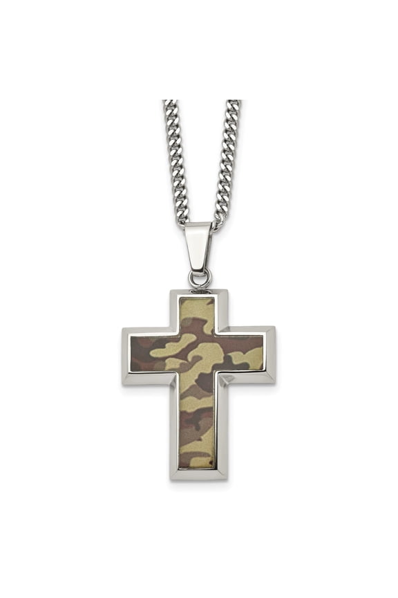 Stainless Steel Polished Printed Brown Camo Under Rubber Cross Pendant on a 22 inch Curb Chain Necklace
