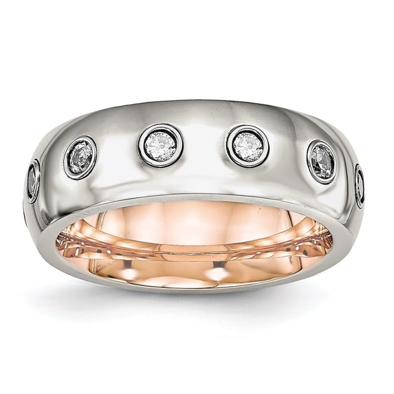 Chisel Stainless Steel Polished Rose IP-plated Cubic Zirconia Half Round Ring 5