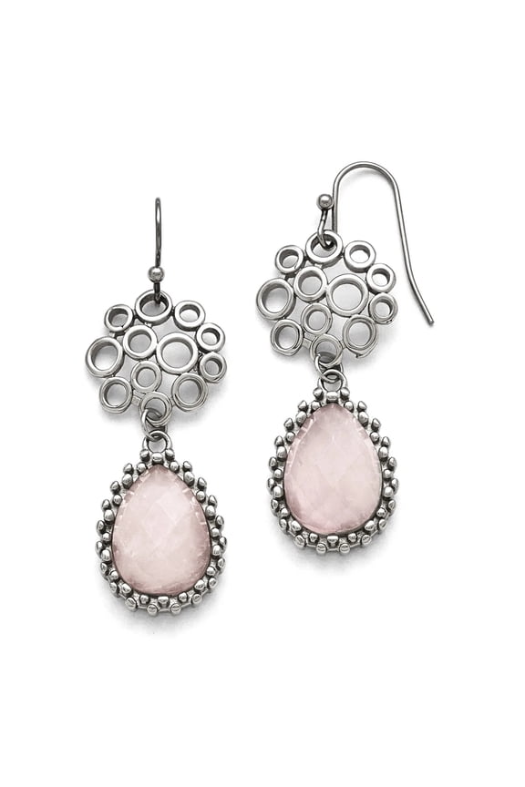 Stainless Steel Dangle Polished Rose Quartz Shepherd Hook Earrings - Dangle Earring for Women