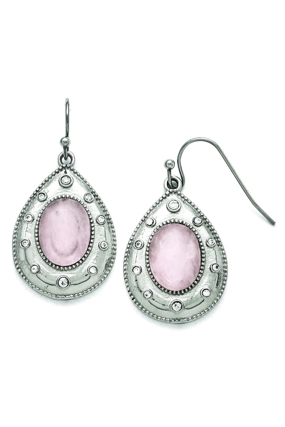 Stainless Steel Polished Rose Quartz and Cubic Zirconia Shepherd Hook Earrings Stud Earring for Women