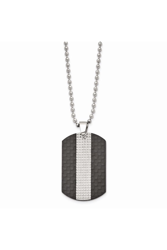 Stainless Steel Polished Studded Black Solid Carbon Fiber Dog Tag 22-inch Necklace