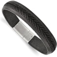 thumbnail image 1 of Chisel Stainless Steel Polished Textured Black Italian Leather Bracelet - 8.75", 1 of 6