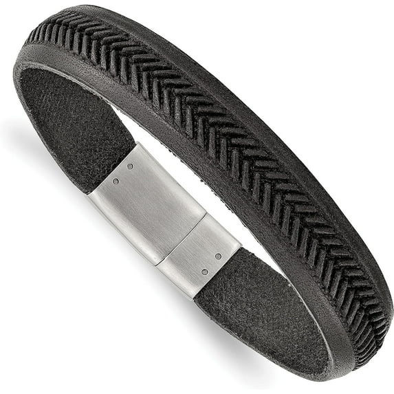Chisel Stainless Steel Polished Textured Black Italian Leather Bracelet - 8.75"