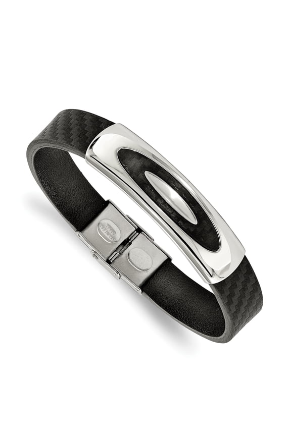 Stainless Steel Polished Weaved Black Genuine Leather 8 Inch Bracelet