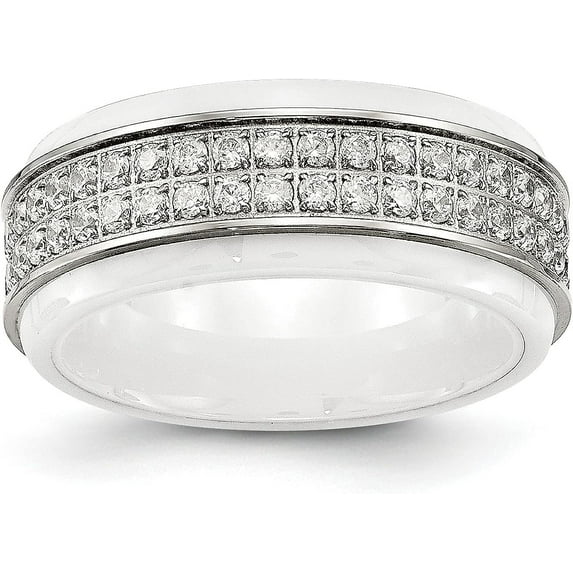Chisel Stainless Steel Polished White Ceramic CZ Ridged Edge Ring - Ring Size 5.0
