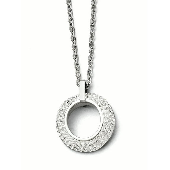 Chisel Stainless Steel Polished White Enameled with Crystals Open Circle Pendant on an 18 inch Cable Chain Necklace
