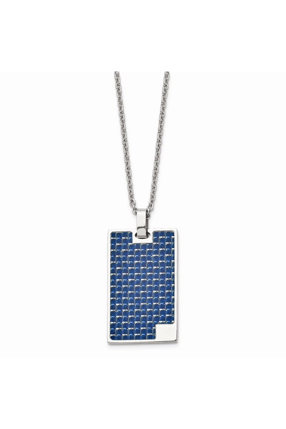 Stainless Steel Polished with Blue Carbon Fiber Inlay Rectangle Dog Tag on a 22 inch Cable Chain Necklace