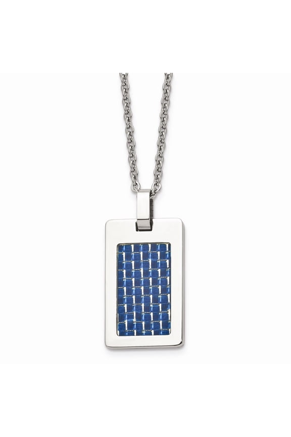 Stainless Steel Polished With Blue Carbon Fiber Dog Tag Necklace