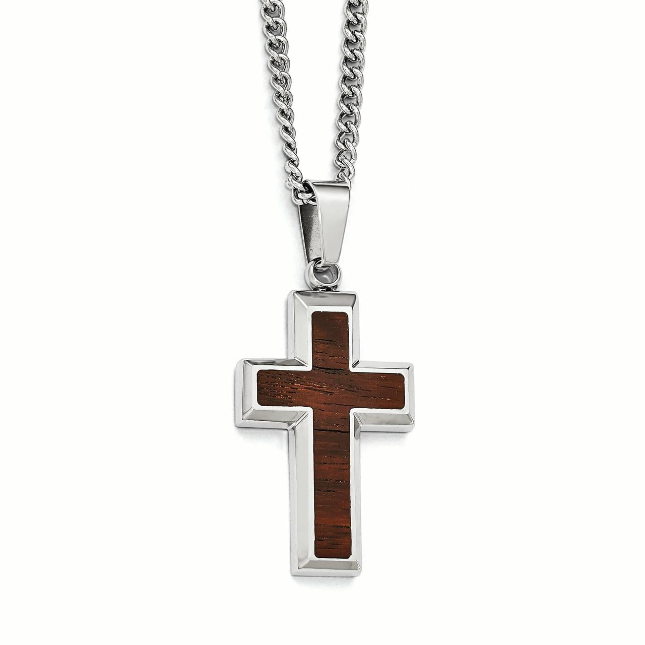 Chisel Stainless Steel Polished Wood Inlay Cross Necklace