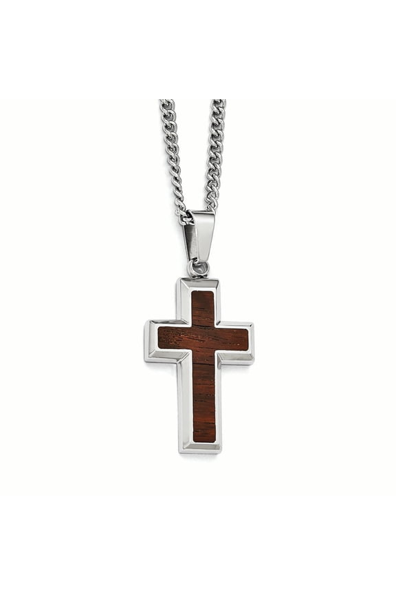 Chisel Stainless Steel Polished Wood Inlay Cross Necklace