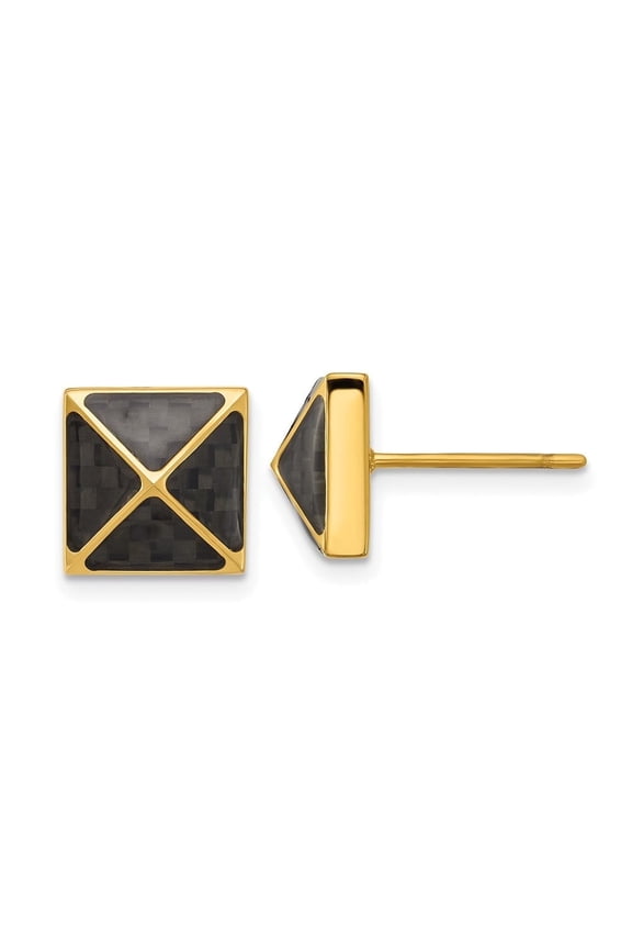 Stainless Steel Polished Yellow IP-plated Black Carbon Fiber Inlay Pyramid Stud Earrings