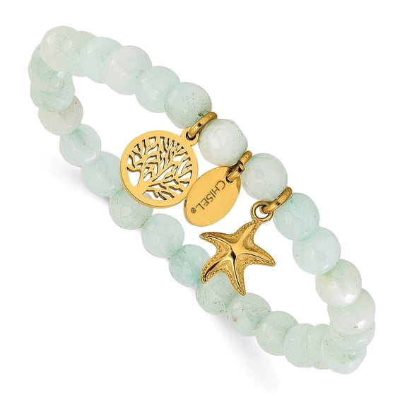 Chisel Stainless Steel Polished Yellow IP-plated Starfish and Tree of Life Dangles 6.5mm Amazon Stone Beaded 6.25 inch Stretch Bracelet