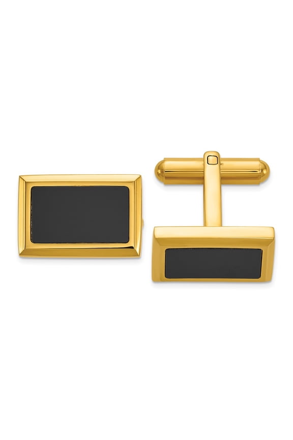 Stainless Steel Polished Yellow IP-plated with Black Epoxy Inlay Rectangle Cuff Links