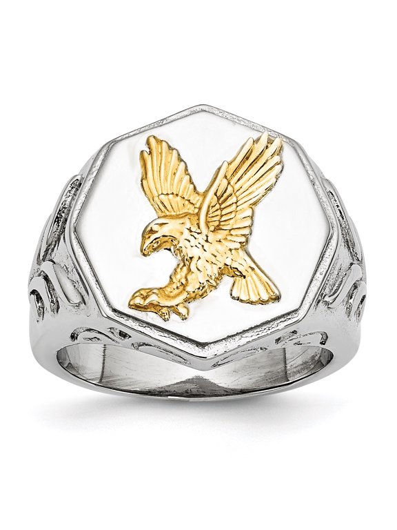 Chisel Stainless Steel Polished Yellow IP-plated with Sterling Silver Eagle Ring