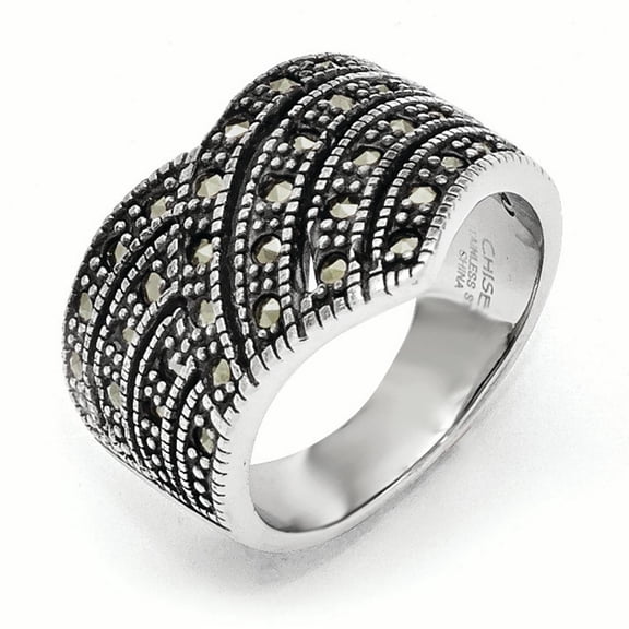 Chisel Stainless Steel Polished and Antiqued Marcasite Ring