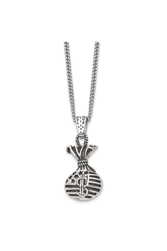 Chisel Stainless Steel Polished and Antiqued Money Bag Pendant on a 22 inch Curb Chain Necklace