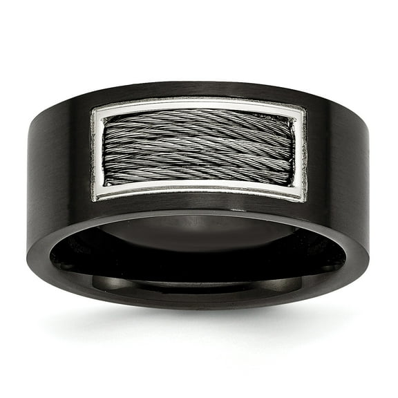 Chisel  Stainless Steel Polished and Brushed Black IP-plated with Wire Inlay Ring 10.5