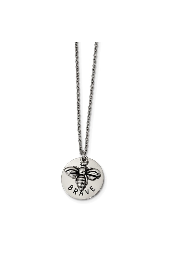 Stainless Steel Polished and Enameled Bumble Bee BRAVE 22-inch Necklace