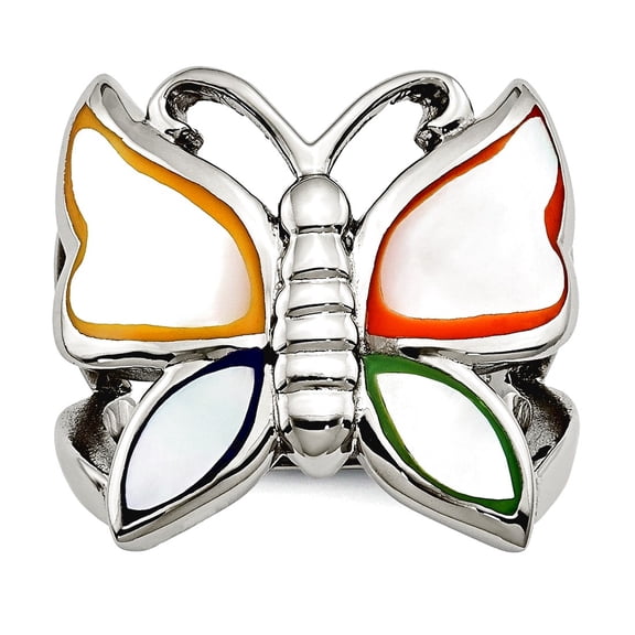Chisel Stainless Steel Polished and Enameled Shell Butterfly Ring