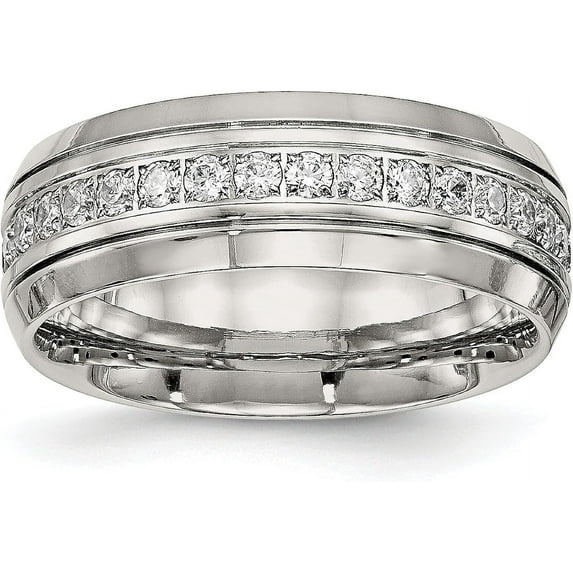 Chisel Stainless Steel Polished and Grooved with CZ 8.2mm Half Round Band - Ring Size 13.0