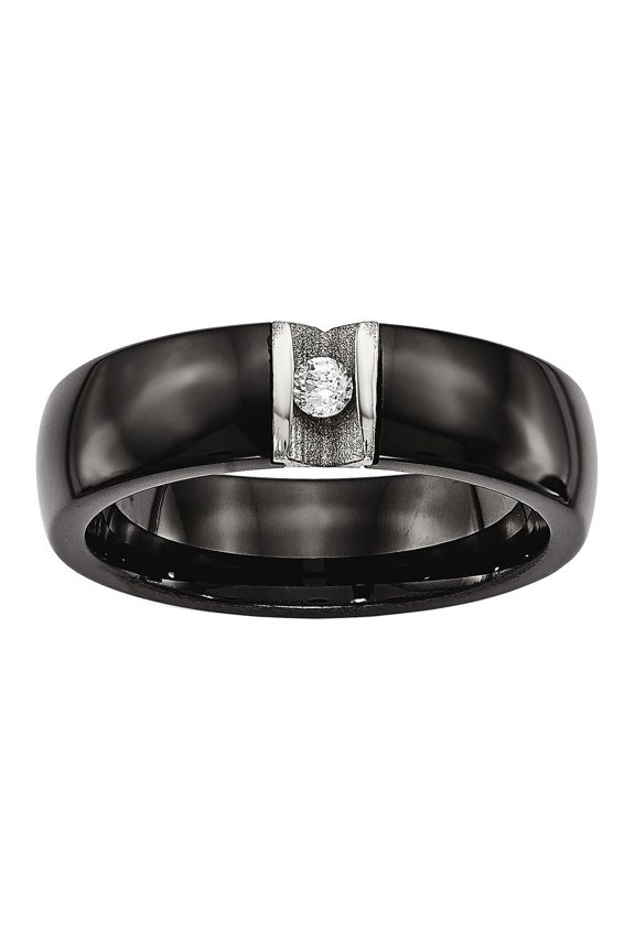 Stainless Steel Polished and Laser Cut Black Ceramic CZ Ring