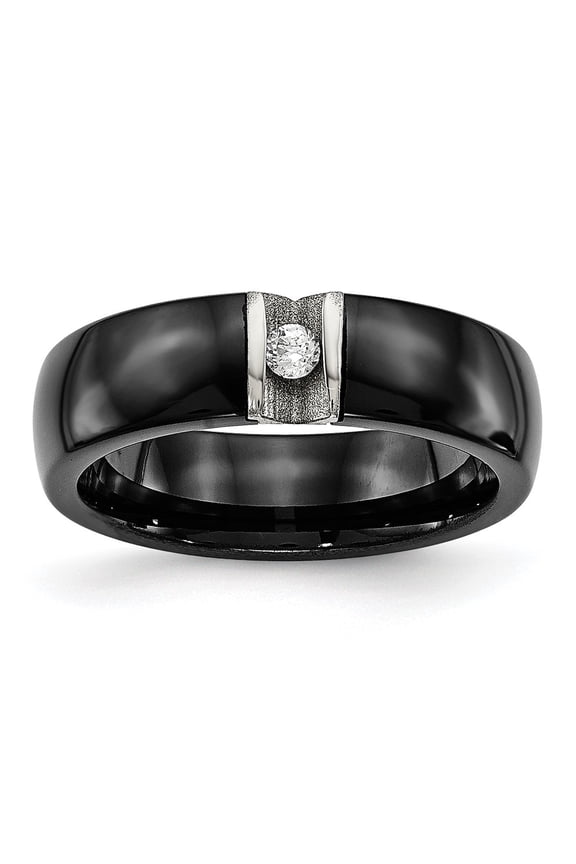 Chisel Stainless Steel Polished and Laser Cut Black Ceramic with CZ Ring