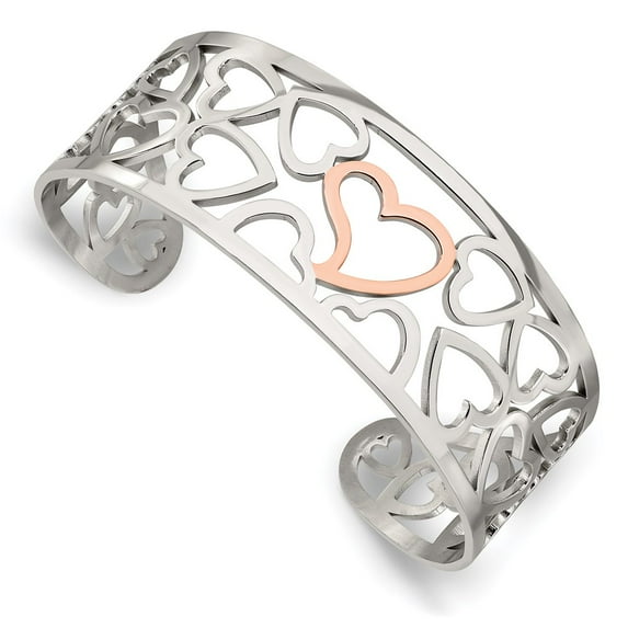 Chisel Stainless Steel Polished and Pink Ip-plated Hearts Cuff Bangle